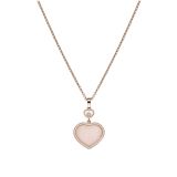 Photo of the Chopard Happy Hearts 18k Rose Gold Pink Opal Diamond Pendant Necklace (79A074-5620) with a heart-shaped pink opal and floating diamond