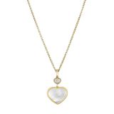 Photo of the Chopard Happy Hearts 18k Yellow Gold Mother of Pearl Diamond Pendant Necklace (797482-0301) with a heart-shaped design, luminous mother of pearl, and a floating diamond