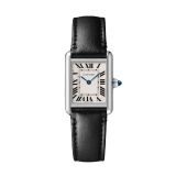 Photo of the Cartier Tank Must 20.5 x 22mm Silvered Dial Solar Movement Watch WSTA0119, featuring a classic rectangular case, silvered dial with Roman numerals, and a black leather strap