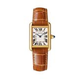 Photo of the Cartier Tank Louis Small 29.5 x 22mm Silver Dial Quartz Watch WGTA0342, featuring a classic silvered dial with Roman numerals, blued steel hands, and a refined brown leather strap
