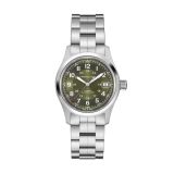 Photo of the Hamilton Khaki Field 38mm Green Dial Automatic Watch H70455160, showcasing a rugged green dial with luminous numerals, automatic movement, and a stainless steel bracelet 