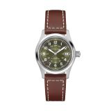 Photo of the Hamilton Khaki Field 38mm Green Dial Automatic Watch H70455560, featuring a rugged green dial, luminous hands and markers, and a brown leather strap