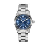 Photo of the Hamilton Khaki Field 38mm Blue Dial Automatic Watch H70605140, featuring a deep blue dial, day-date display, luminous numerals, and a robust stainless steel bracelet