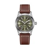 Photo of the Hamilton Khaki Field 42mm Green Dial Automatic Watch H70605560, featuring a bold green dial with luminous markers, day-date function, and a rich brown leather strap