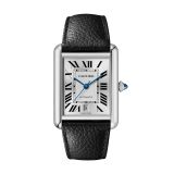 Photo of the Cartier Tank Must 41 x 31mm Silvered Dial Automatic Watch WSTA0040, featuring classic Roman numerals, blued steel hands, and a black leather strap 