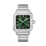 Photo of the Cartier Santos de Cartier 39.8mm Green Dial Automatic Watch WSSA0062, featuring a rich gradient green dial, Roman numerals, exposed screws, and a polished stainless steel case and bracelet