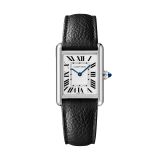 Photo of the Cartier Tank Must SolarBeat 33.7 x 25.5mm Silvered Dial Watch WSTA0090, powered by solar movement, featuring Roman numerals, blued steel hands, and a sustainable black leather strap.