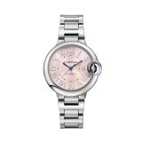 Photo of the Cartier Ballon Bleu de Cartier 33mm Pink Dial Automatic Watch WSBB0068, showcasing a soft pink sunray dial, fluted crown with blue cabochon, and polished stainless steel bracelet