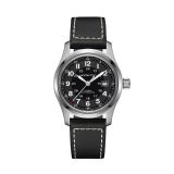Photo of the Hamilton Khaki Field 42mm Black Dial Automatic Watch H70605733, featuring a bold black dial, day-date display, luminous hands, and a classic black leather strap