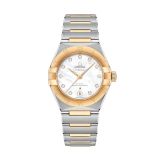 Photo of the Omega Constellation 29mm MOP diamond dial automatic watch 131.20.29.20.55.002 with stainless steel & yellow gold PVD bracelet.