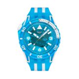Photo of the Swatch Blue Fire 44mm blue dial quartz watch with blue silicone strap, model SSCU09S100