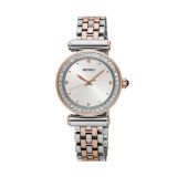 Photo of the Seiko Ladies 27.5mm White Dial Swarovski Crystal Quartz Stainless Steel & Rose Tone Watch SRZ466P1, featuring a delicate design with crystal embellishments.