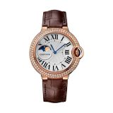 Ballon Bleu de Cartier 37mm, Silver Moon Phase Dial, Automatic Movement, 18k Rose Gold & Diamond Case, Leather Strap Watch