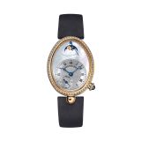 Reine de Naples 8908, 36.5x28.45mm, Self Winding, Mother of Pearl Silver Dial, 18k Yellow Gold Diamond Case, Black Leather Strap Watch