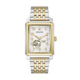 Photo of the Bulova Sutton 98A308 watch with a silver dial, stainless steel case with yellow gold PVD accents, and automatic movement, offering a refined and classic design.