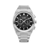Photo of the Citizen Modern 43mm watch with a sleek black dial, stainless steel case and bracelet, featuring Eco-Drive technology for continuous power without the need for a battery CA4580-50E