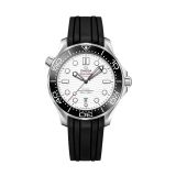 Photo of the Omega Seamaster Diver 300M 42mm watch (210.32.42.20.04.001) with a white ceramic dial, self-winding movement, and a black rubber strap