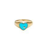 Yvonne Léon 9K Yellow Gold sz48 Baby Chevalière Coeur Turquoise or Jaune